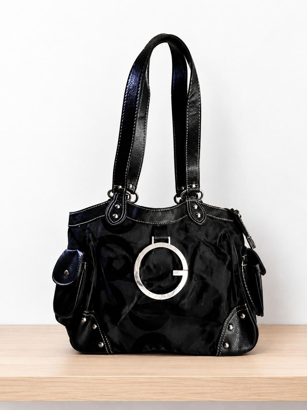 Black Women's Shoulder Tote with Silver Accent